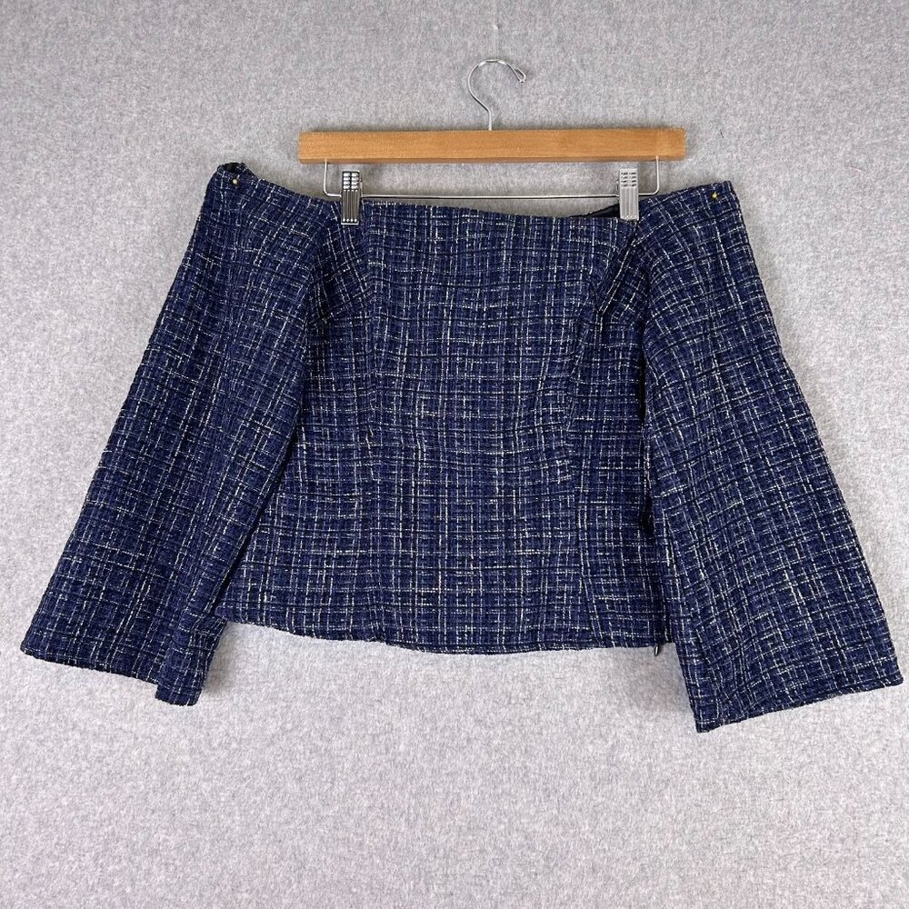 Zara Top Women's Small Blue Textured Tweed Off The Shoulder Flare Long Sleeve